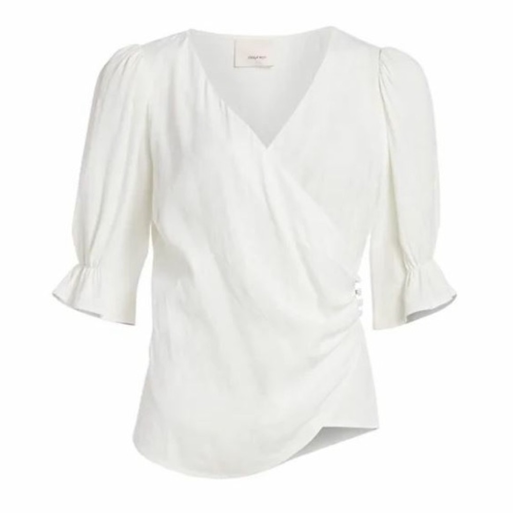 CINQ A SEPT White Floral Jacquard Wrap Blouse – Puff Ruffle Sleeves, Size S